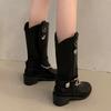 Модные женские сапоги для верховой езды с металлической цепочкой и толстым каблуком, осенне-зимние сапоги из искусственной кожи до середины голени, женские модные мотоциклетные сапоги с пряжкой и ремешком