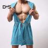Men Sexy Hooded Nightgown Sleeveless Solid Color Hollow Out Mesh Summer Loungewear Lace-up Night Robe Homewear