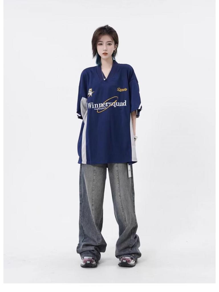 Футболка свободного кроя из джерси с V-образным вырезом и вышивкой в стиле ретро унисекс, короткий рукав, повседневный тренд