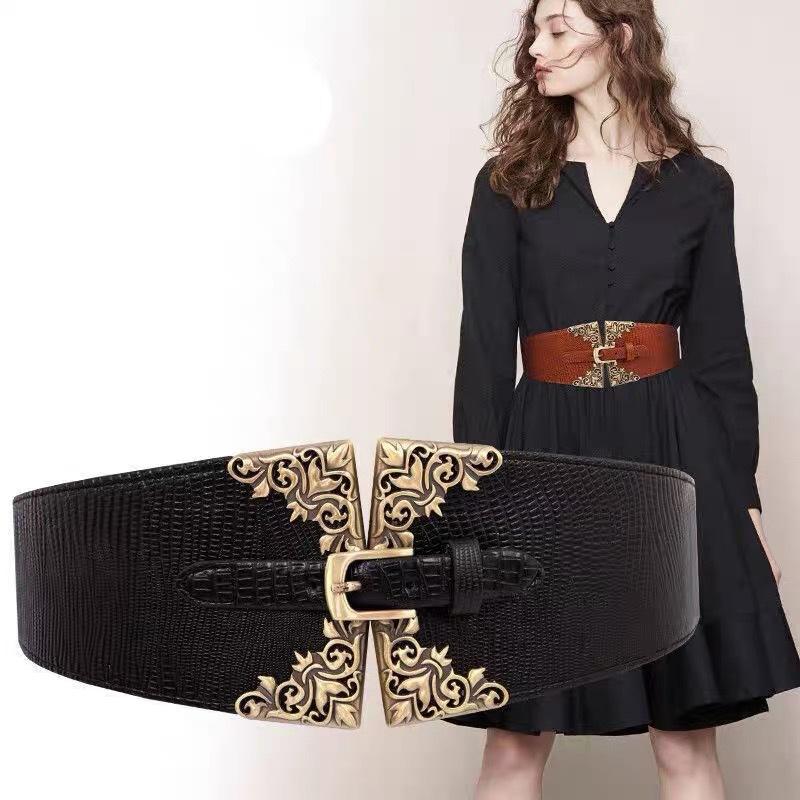 European and American Catwalk Needle Buckle Palace Style Peacock Pattern Women's Belt Elastic Ultra-wide Retro Waist Seal Elastic Belt
