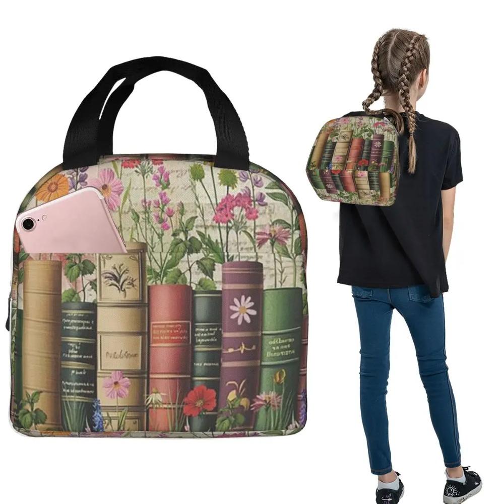 Floral Bookshelf Book And Flower Insulated Lunch Bag for Women Children Leakproof Food Boxes Thermal Lunch Box Tote