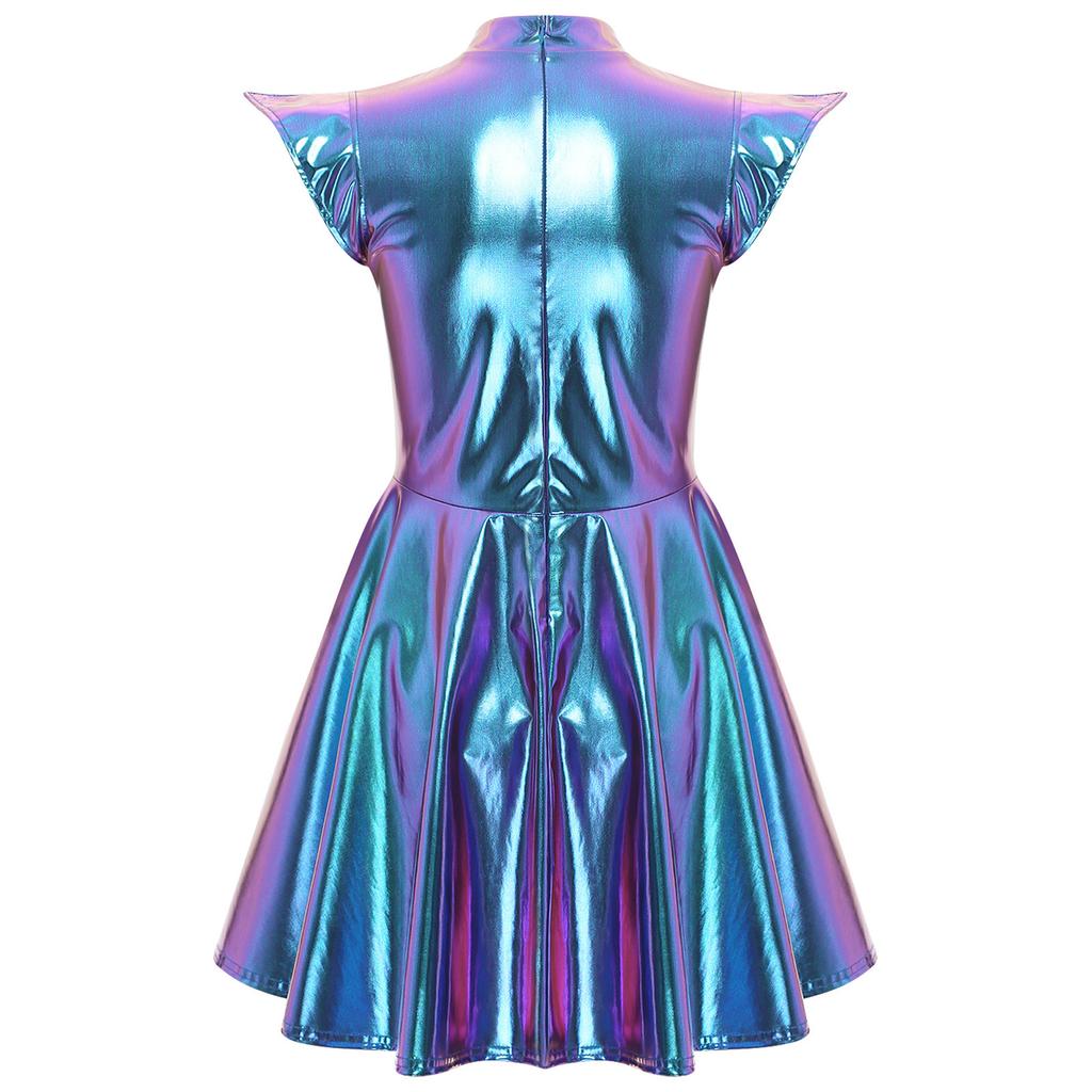 Women's Halloween Party Dress - Shiny Metallic A-line with Mock Neck & Cap Sleeves Fashion Bar Club Wear