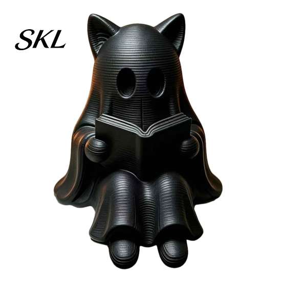 Whimsical Cat Statue 3D Printed Ghost Figurine with Book, Spooky Shelf Sitter Ornament for Halloween Home Decor Decor, Cute Reading Desk Bookshelf