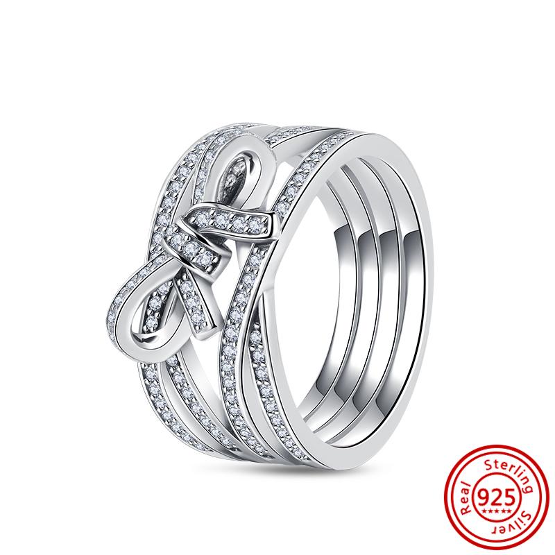Original 925 Sterling Silver Ring Love Heart Pave CZ Crystal Stackable Rings for Women Wedding Engagement Birthday Gift Jewelry
