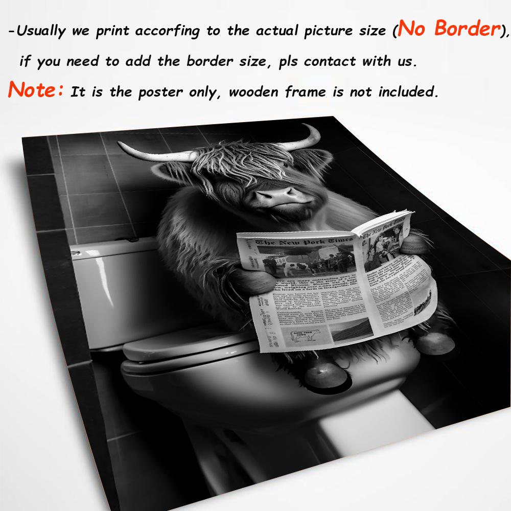 Забавные часы с шотландской коровой, газета в туалете, холсты, фермерский настенный арт, постер для спальни, гостиной, ванной комнаты, домашний декор