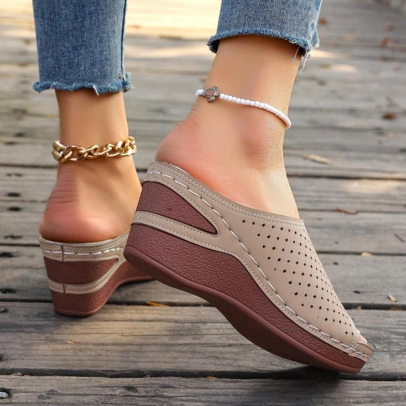 Women's Wedge Heel Thick Bottom Slippers Large Solid Fish Mouth Wedge Heel Elevated Casual Slippers