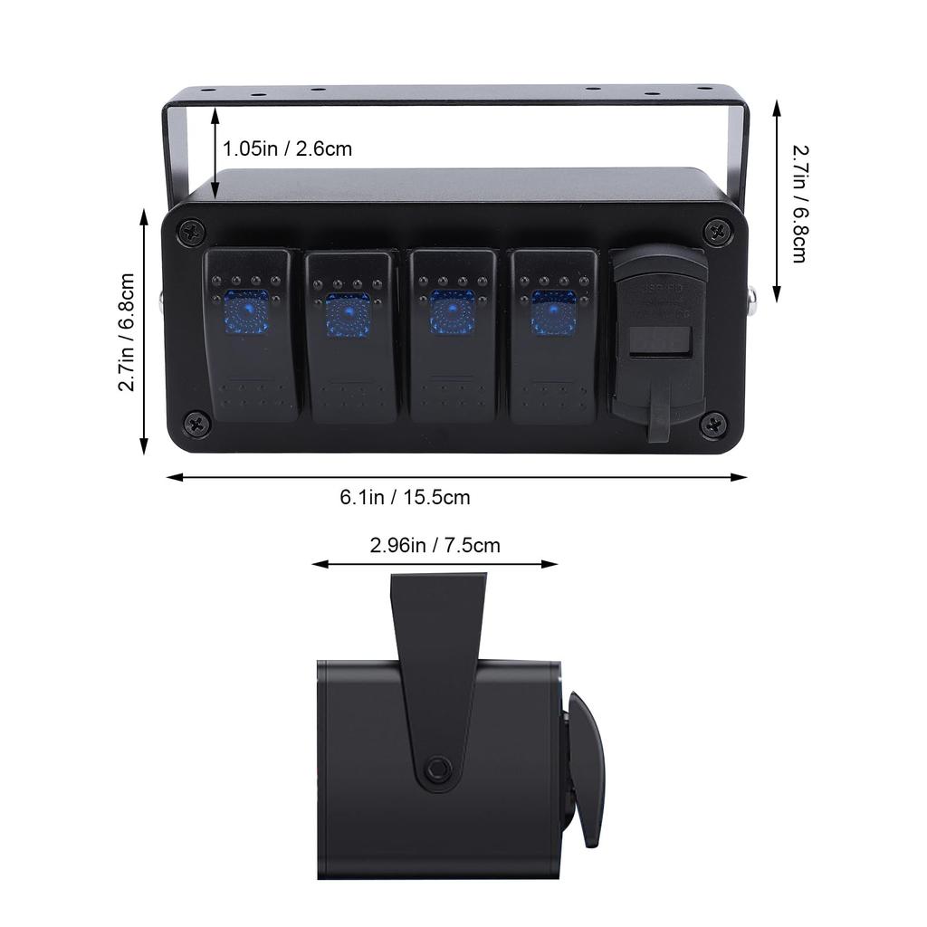 4-Gang Rocker Switch Box, Pre-Wired, Waterproof with USB Charger, Universal Fit, DC QC3.0, Multi-Function, RV, 12V, 24V (Blue Light)