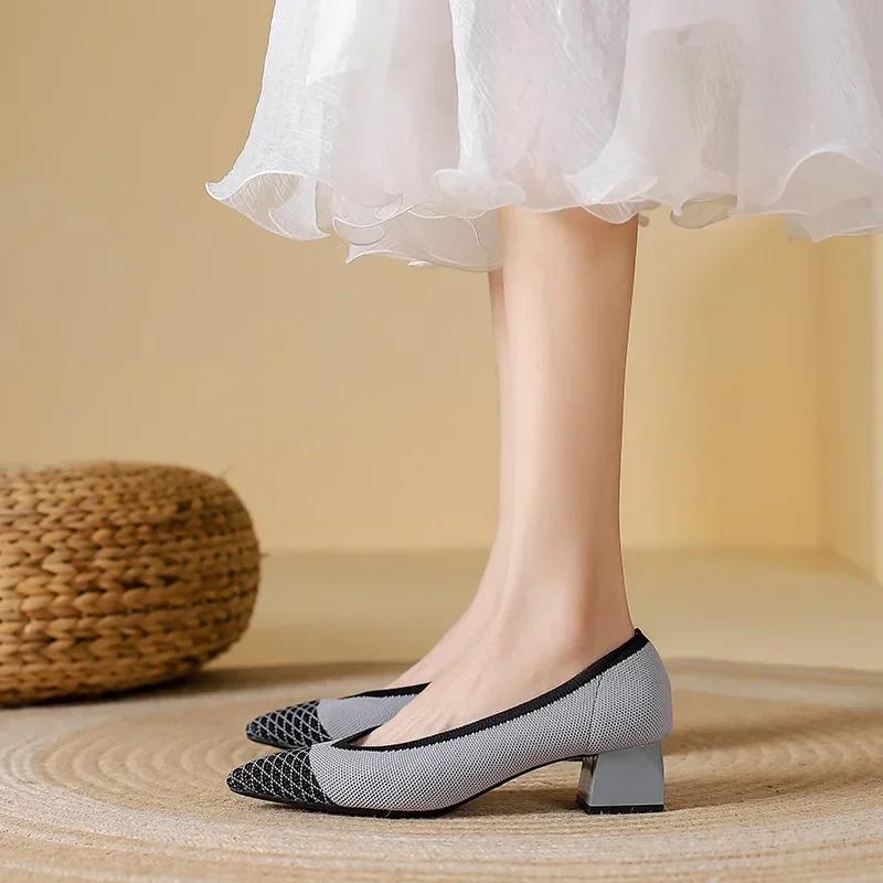 Fashion Spring and Autumn Women High Shoes 2025 New Fashion Pointed Knitting Breathable Comfortable Anti-skid Rubber Soled Work Shoes