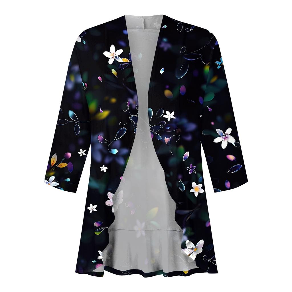 Women'S Casual Daily Cropped Sleeve Printed Shirt Top Soft Drape Ruffle Cardigan