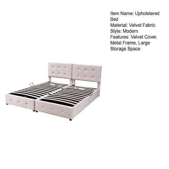 Bed Upholstered 180x200cm Hydraulic Storage Bed High Box Multifunctional Double Skin-Friendly Velvet Fabric Beige Flat