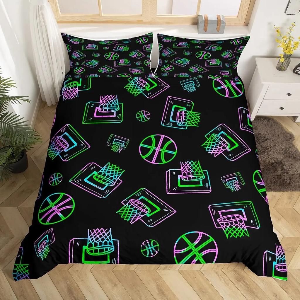 Пододеяльник с баскетбольным мячом Queen Blue Red Green Tie Dye Комплект постельного белья Grunge Neon Sports Покрывало Neon Ball Game Покрывало