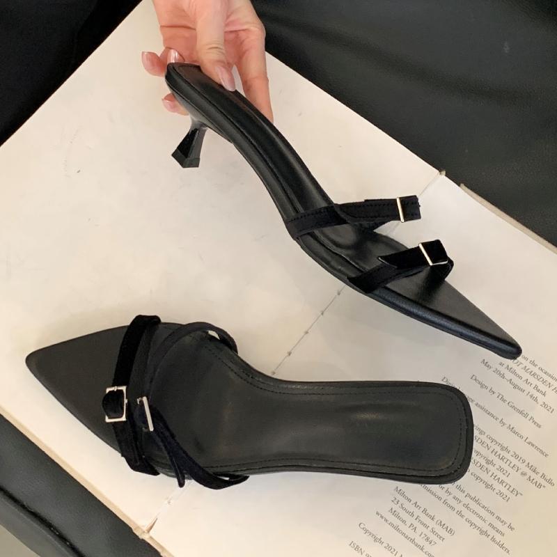 Fashion Fashion Narrow Band Buckle Design Brand Slippers Women Elegant Pointed Toe Kitten Heel Slide Sandals Comfortable Low Heel Sandal