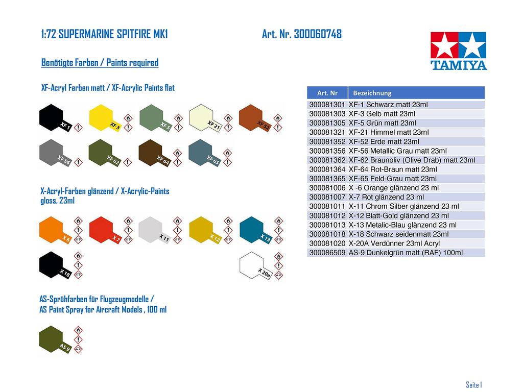 Tamiya Warbird Collection 48 Royal Air Force Supermarine Spitfire Plastic Model Kit 60748 1/72 No. Mk.I