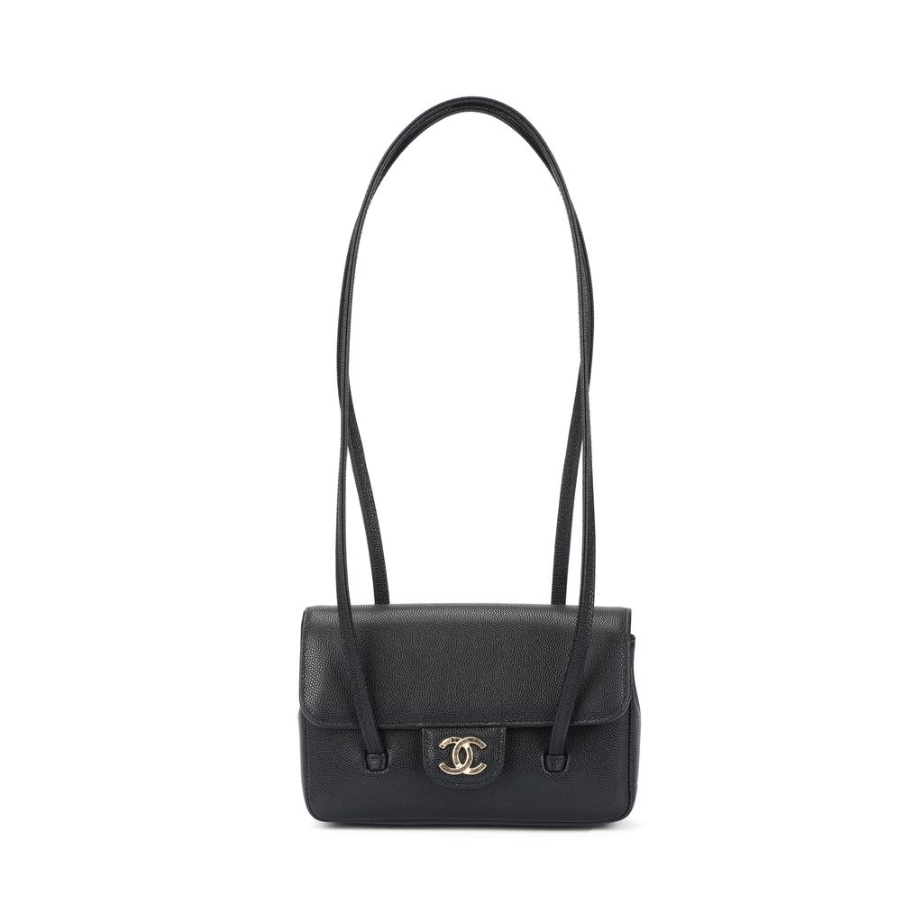 Chanel 26p Золотая бирка Двойная C Логотип Длинная ручка Текстура зерна Глянцевая Телячья кожа С золотым металлом Ручная сумка через плечо Мини Женская Черная