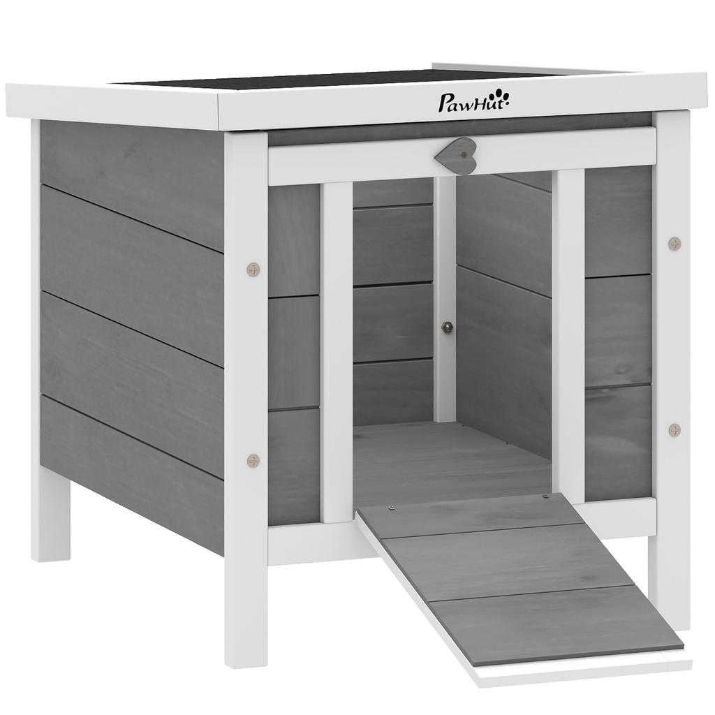 Outdoor Wooden Rabbit Cage with Asphalt Roof and Non-Slip Ramp, 42x51x43cm, Grey