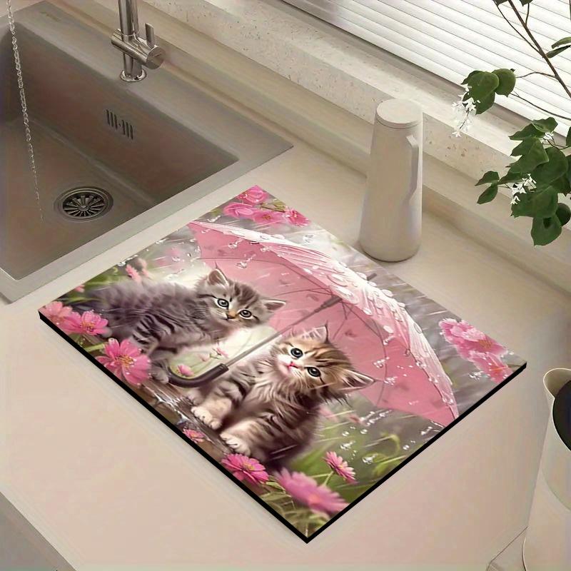 1 шт. резиновый коврик для сушки с рисунком кошки и птицы для кофейни, ресторана, кухни, ковра, посуды, прочного диатомового грязевого коврика для стола, коврика для домашних животных, кофейной посуды