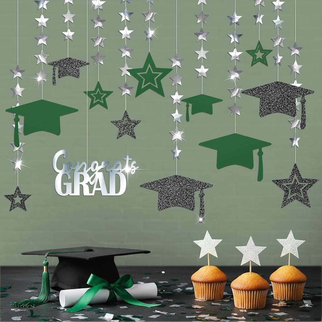 Cheerland 2025 Graduation Banner Party Decorations Green Graduation Cap Garland Kit Congrats Grad Supply for Prom Backdrop Decoration Ceiling Decor
