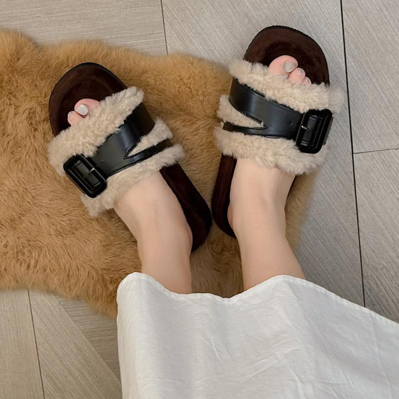 Меховые балетки женские тапочки модная платформа короткие плюшевые пряжки зимняя обувь 2025 тренд дизайнерские прогулочные домашние туфли женские