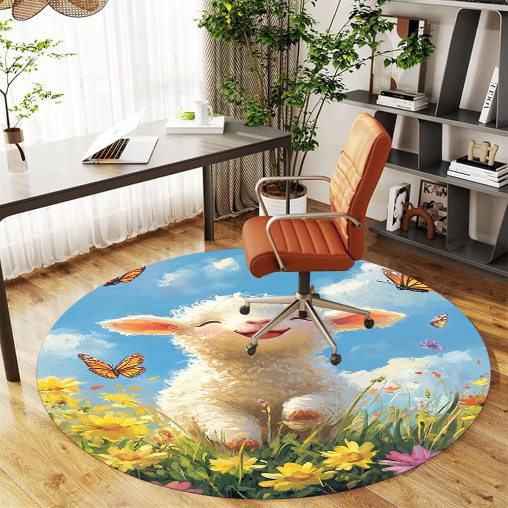 1PC Lamb Flowers Round Chair mat Area Rug - Non-Slip, Floor Mat for Office, Bedroom, home decor Christmas Gift c0528030