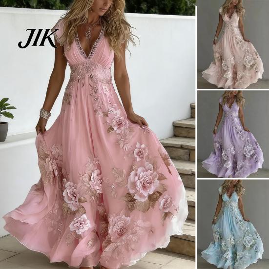 A-line Silhouette Dress Summer Floral Maxi for Women Short Sleeve V Elegant Printed Neck Swing Beach Vacation Sundress Lightweight