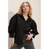 Women's Brown Concealed Pleat Balloon Sleeve Basic Poplin Shirt