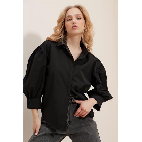 Women's Brown Concealed Pleat Balloon Sleeve Basic Poplin Shirt