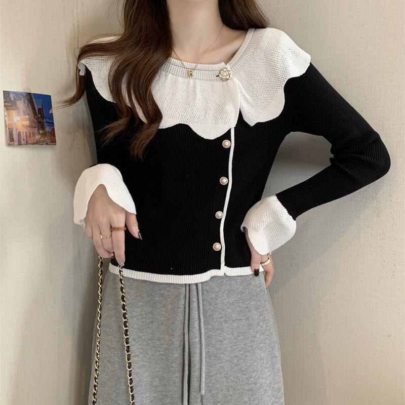 Вязаный свитер с французским кружевным вырезом для женщин с длинными рукавами, короткий свитер, нижний верх