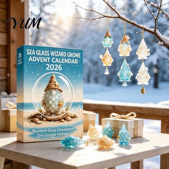 Creative Dwarf Hanging Pendants Coastal Gnome Advent Calendar, 24Pcs Acrylic 2D Sea Glass Ornament Set Christmas Tree Decor with String, Beach Themed