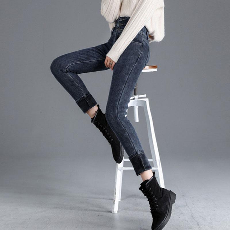 Теплые джинсовые брюки плюс утолщенные брюки из бархата с высокой талией на молнии, устойчивые к холоду, облегающие узкие брюки, джинсы женские 4XL