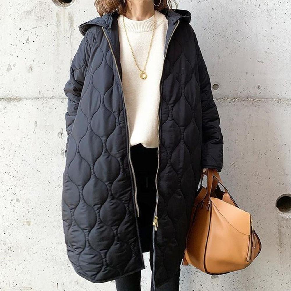 Women's Vintage Hooded Down Coats Elegant Diamond Plaid Long Warm Down Jackets Long Sleeve Zippers Padded Jacket Overcoat