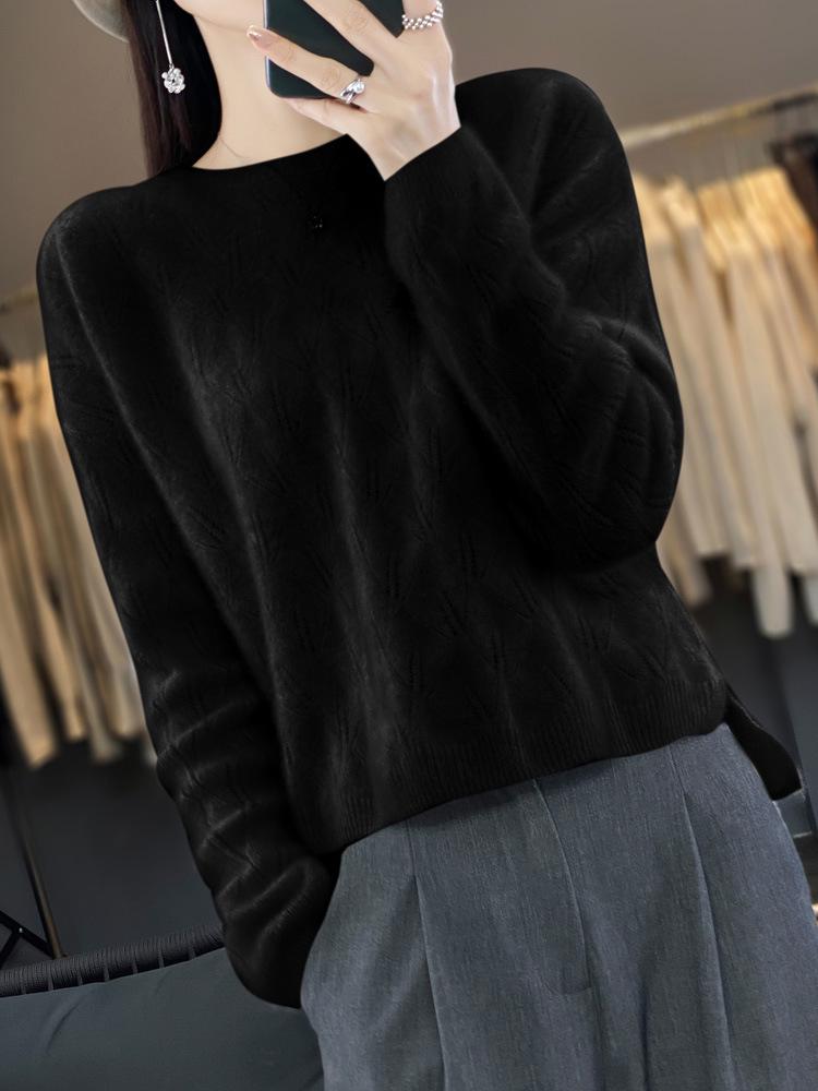 2023 Women's Long Sleeve Wool Knit Pullover - Loose Fit, Round Neck, Solid Color, Autumn/Winter Jacquard Style