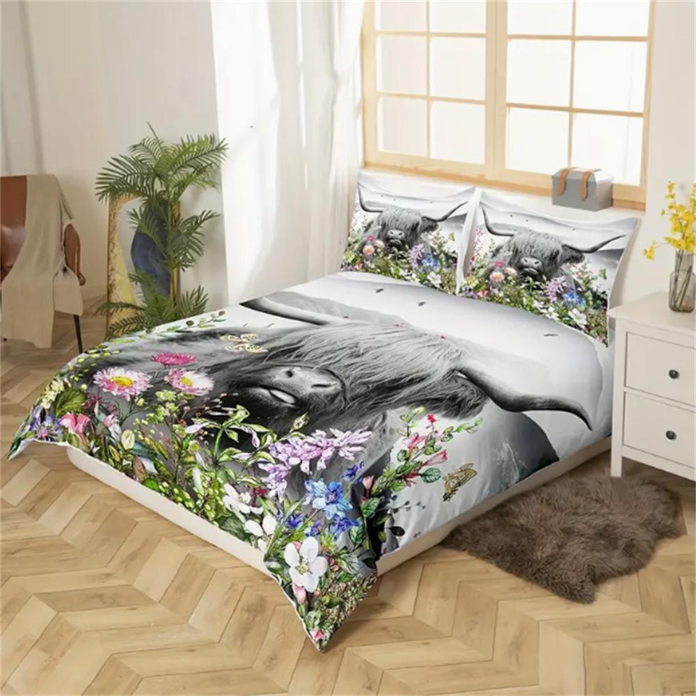 Пододеяльник с шотландской коровой, Акварельные цветы Животные Растения Постельный комплект 2/3 шт. для женщин мужчин взрослых Декор комнаты, Модный