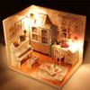 Dollhouse Miniature DIY House Kit Wood Cute Room with LED Furniture and Cover Girl Gift Toy, Summer