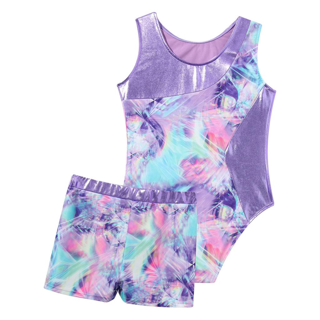 Kids Girls Gymnastics Yoga Dance Sport Sets Fancy Print Leotard and Shorts Dancewear Outfits