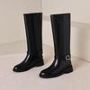 Krazing Pot Cow Skin Autumn Winter Shoes Riding Boots Round Toe Keep Warm Metal Square Buckle Med Heels Thigh High Boots