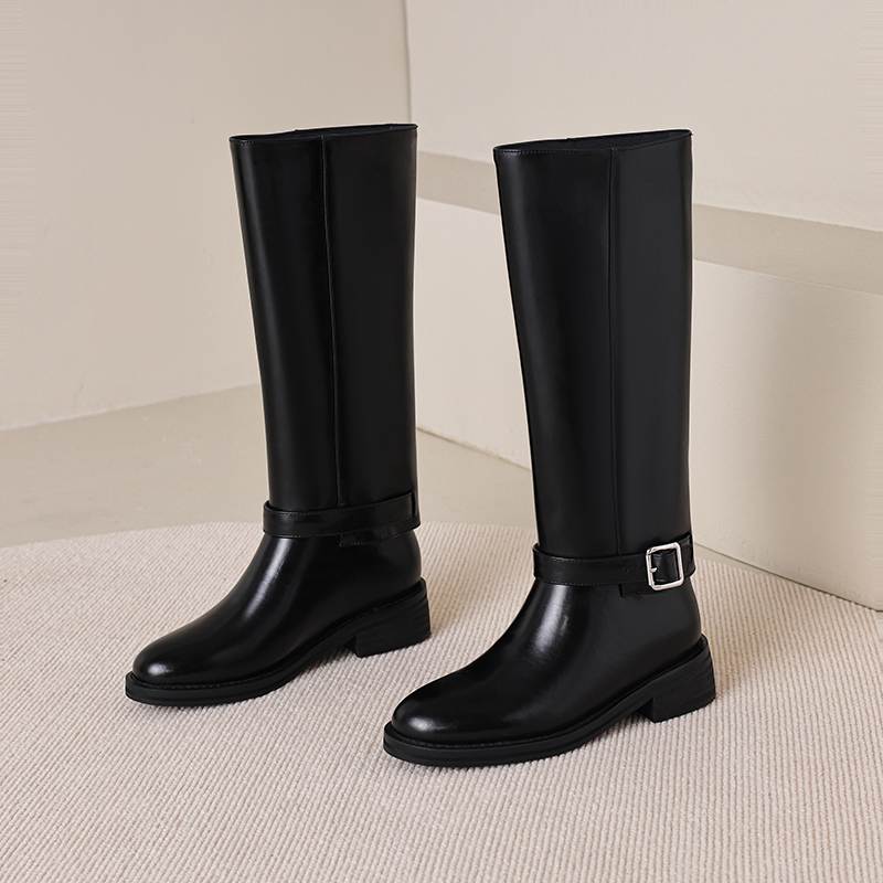 Krazing Pot Cow Skin Autumn Winter Shoes Riding Boots Round Toe Keep Warm Metal Square Buckle Med Heels Thigh High Boots