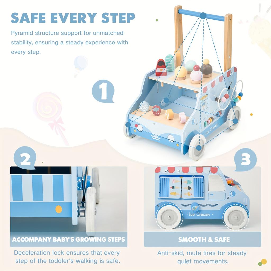 Деревянная детская ходунка, Ходунка-каталка для детей 12 мес.+, Многофункциональная тележка с мороженым, Регулируемая скорость, Обучение ходьбе с колесами