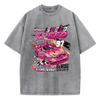 Oversized Woman Washed T-Shirts Race Car Energetic Speed Print Short Sleeve Distressed Crewneck Cotton Tops Trend Clothes
