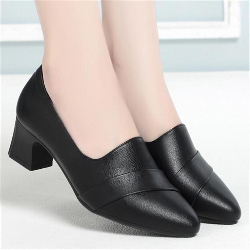 Women's High Heels Fashion Pumps Shoes Woman Genuine Leather Casual Single Shoes Comfortable Thick Heel Mother Shoes