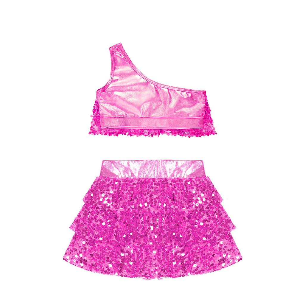 Укороченный топ для девочек с пайетками, многоярусными оборками, металлическим жилетом и шортами с юбкой