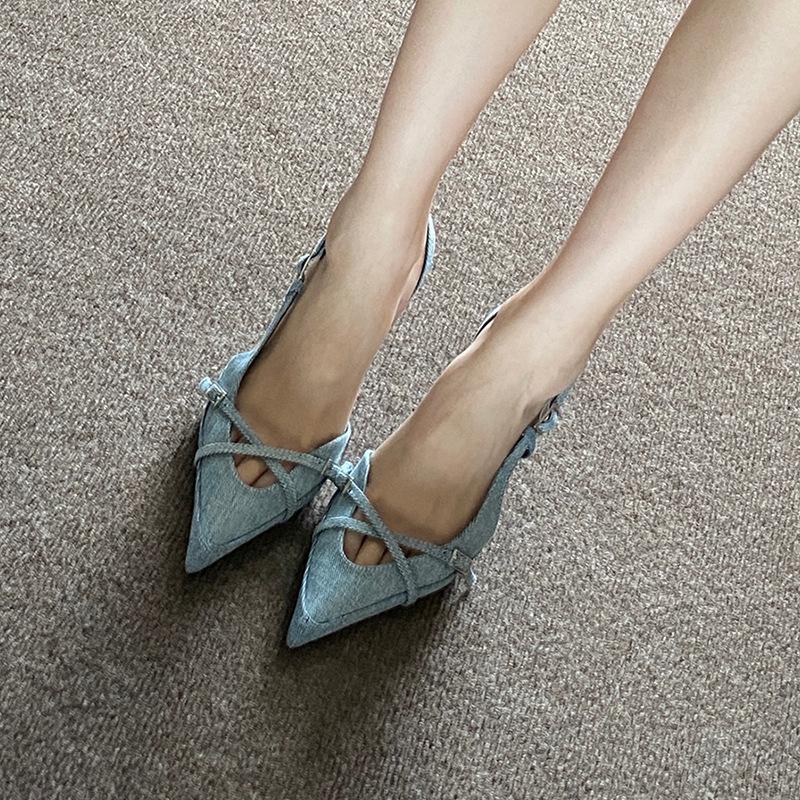 Сегодняшние популярные сандалии синий деним универсальная сумка голова однословная пряжка на высоком каблуке женские шпильки