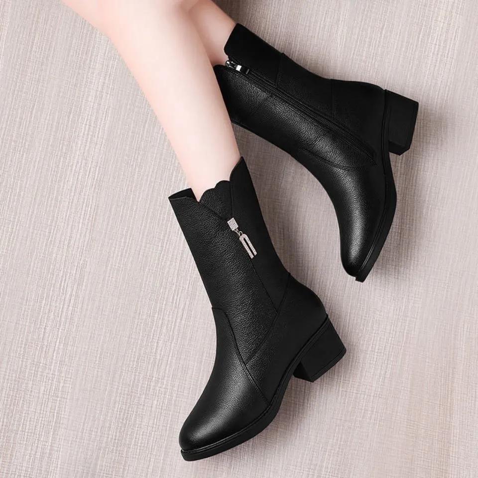 Autumn and Winter Plus Velvet Warm Soft Leather Mid-tube Boots Mid-heel Cotton Boots
