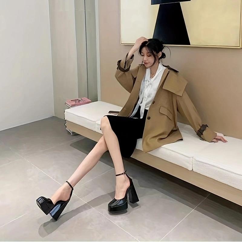 Mary Jane Shoes Women Spring Autumn Thick Heels Waterproof Platform Hollow Luxury Shoes Pumps Elegant Comfortable
