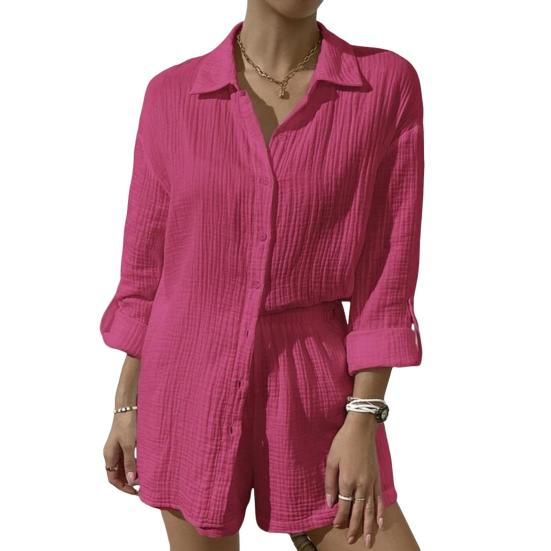 2 шт./компл., женская рубашка, комплект с шортами, однотонная однобортная блузка с длинными рукавами и воротником с лацканами, высокая талия, свободная выше