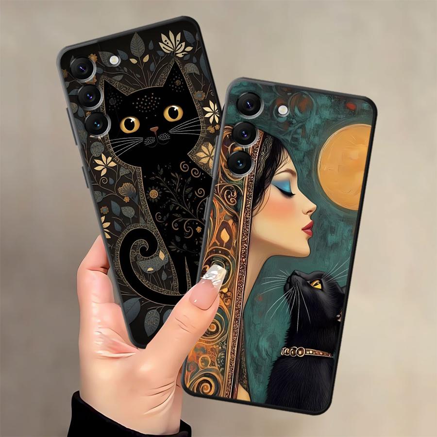 Черный Мягкий Чехол для Телефона для Samsung Galaxy A50 A17 A06 A20 A13 A70 A30 A15 A10 A12 A05 A04 A40 A16 Мультяшный Кот