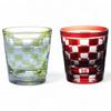 Mizukage Kiriko Pair of Rocks Checkered Green Current Model J-kitchens Glasses, 85xH90mm, 260cc, Pattern, & Red, Bisho,