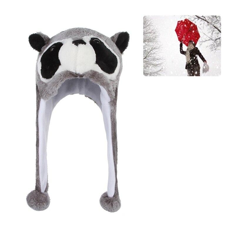 Новинка, зимняя унисекс, пушистая плюшевая шапка в виде енота с помпоном, длинные ремни, теплая шапка-ушанка для зимних лыж, костюм для косплея