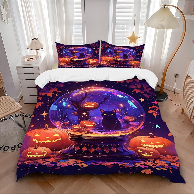 3pc Halloween Cat Cover Set - 1 Quilt Cover + 2 Pillowcases, All Seasons Bedroom Setting, Perfect for Home088
