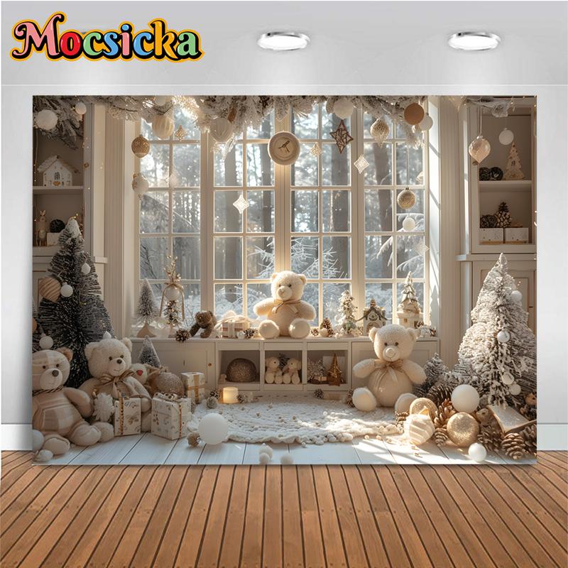 Mocsicka Рождественский Домашний Фон для Фотографии Деревянная Хижина Медведь Окно Зеленая Рождественская Елка Украшение для Вечеринки Детская Фотостудия Фон