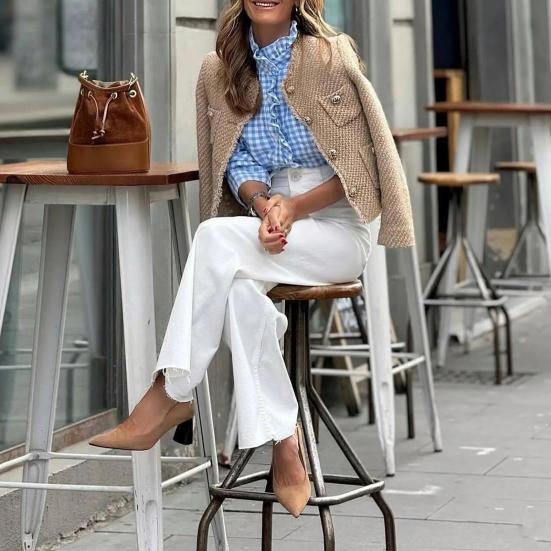 Женские укороченные твидовые пиджаки с длинным рукавом и застежкой на пуговицы, короткое пальто